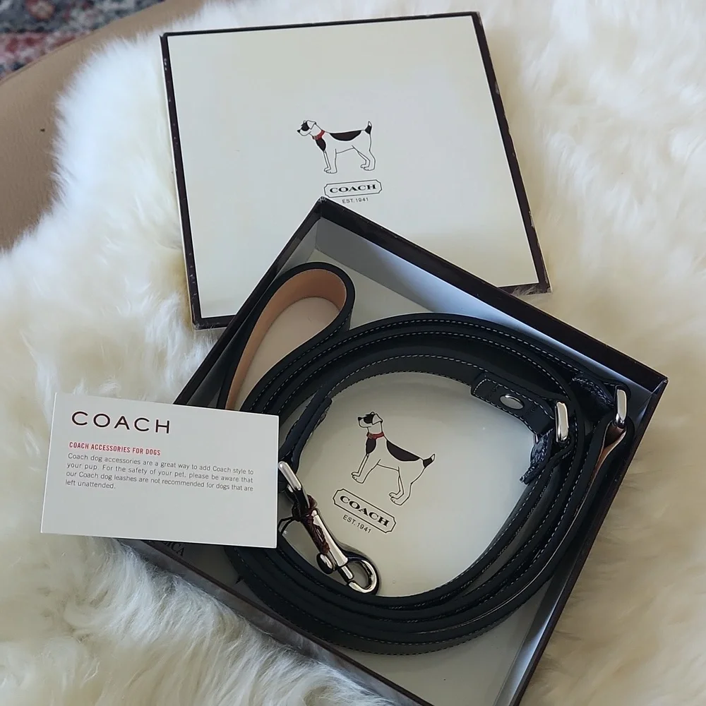 NWT IOB Coach Black Mini Signature Jaquard Leather Large Dog Leash 🖤🐾🐕♥️🎁